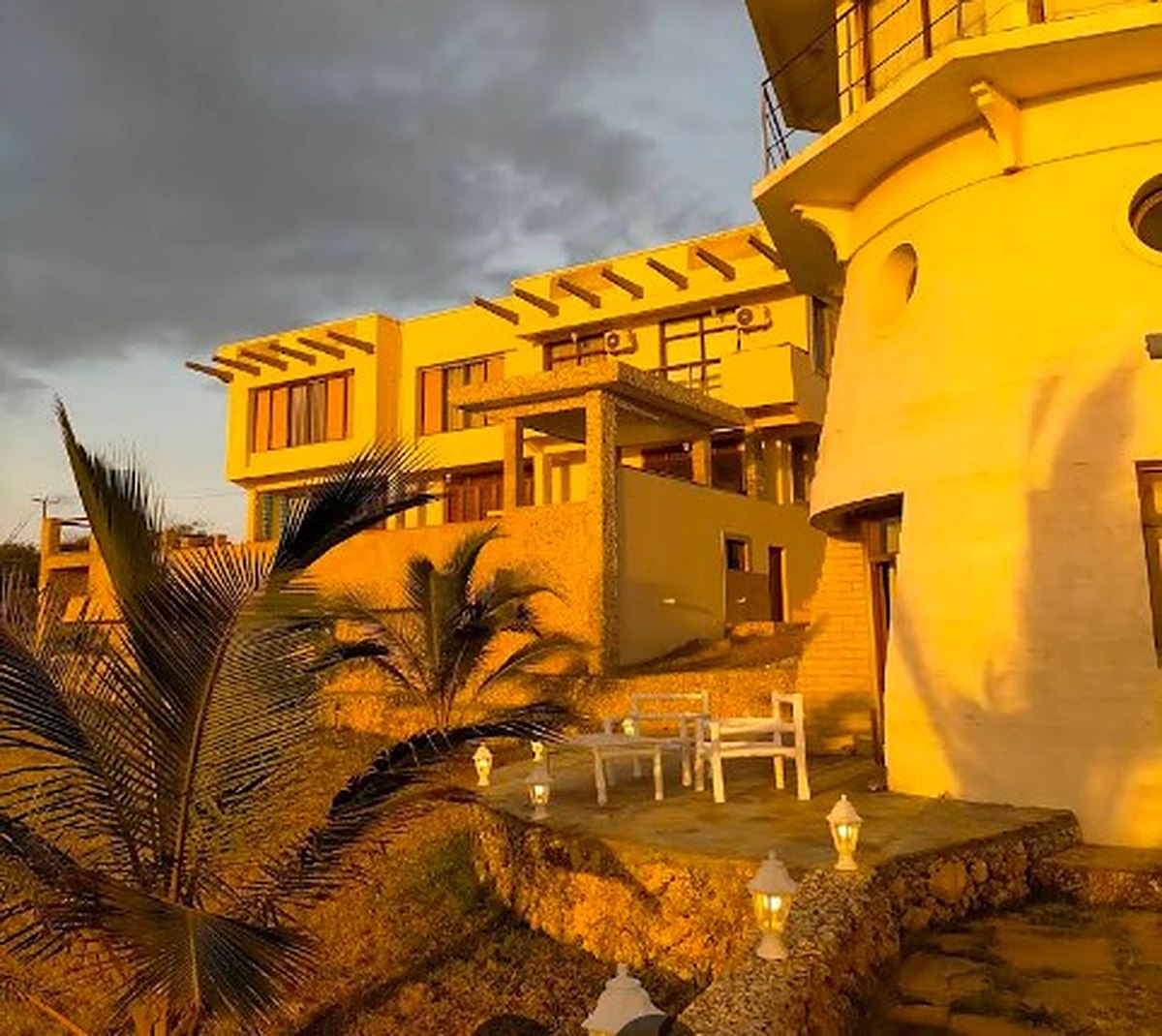 The house lit by golden hour light, seen from the garden path